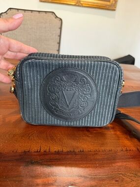 Veronica Beard Black Textured Crossbody Belt Bag with Embossed Crest